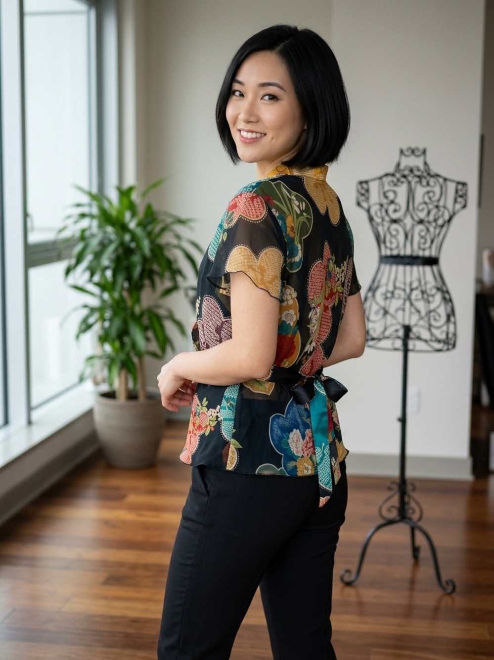 Vintage ALLEN BY A.B.S. Asian Geisha Floral Print Sheer Blouse - Size M